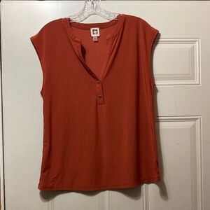 Anne Klein Rust-Orange Cap Sleeve Henley Top M